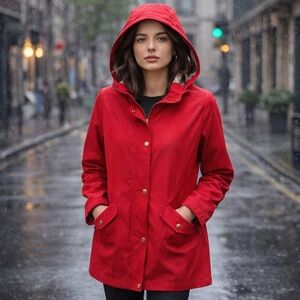 Dennis by Dennis Basso Red Hooded Rain Jacket Women's Size S Snap Zip Lightweigh
